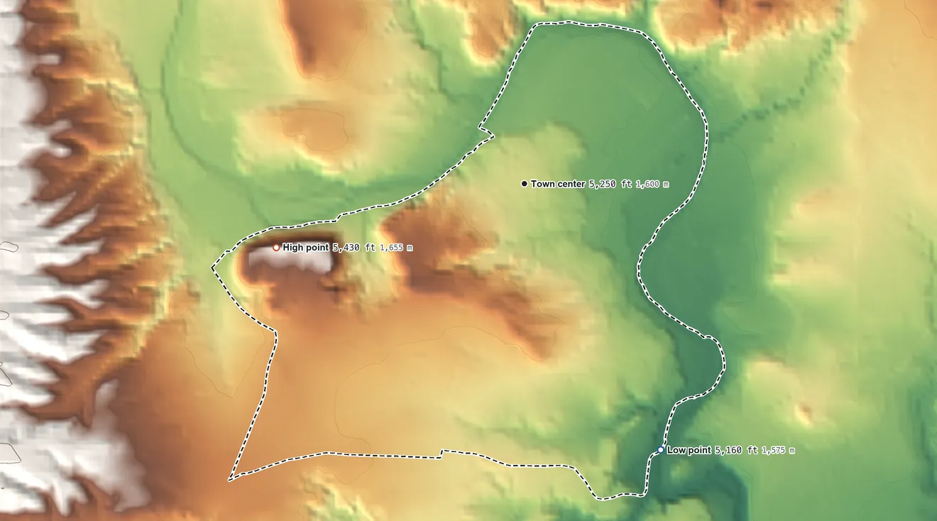 Topographic elevation map of Anton Chico, New Mexico, shaded from 5,160 ft on the southeast side to 5,430 ft on the west side