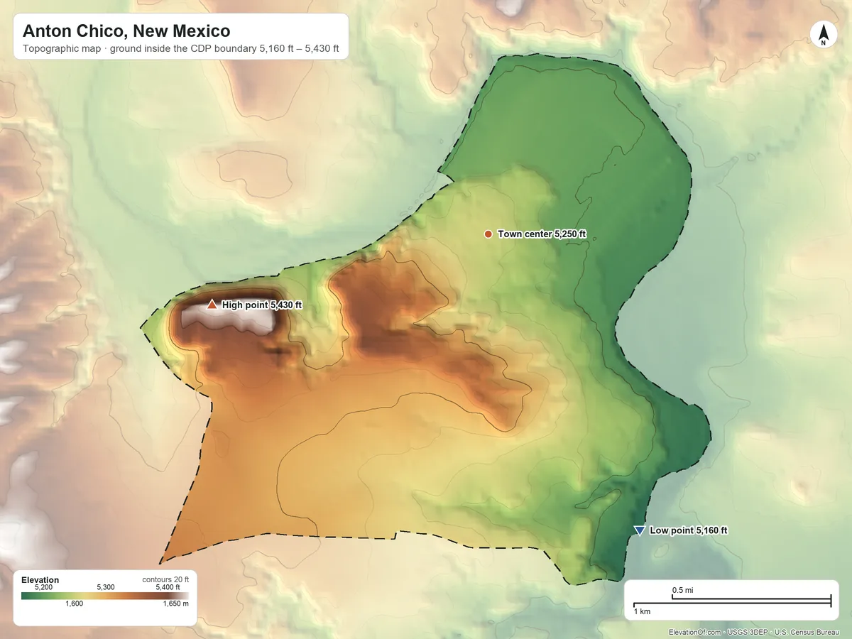 Topographic elevation map of Anton Chico, New Mexico, shaded from 5,160 ft on the southeast side to 5,430 ft on the west side