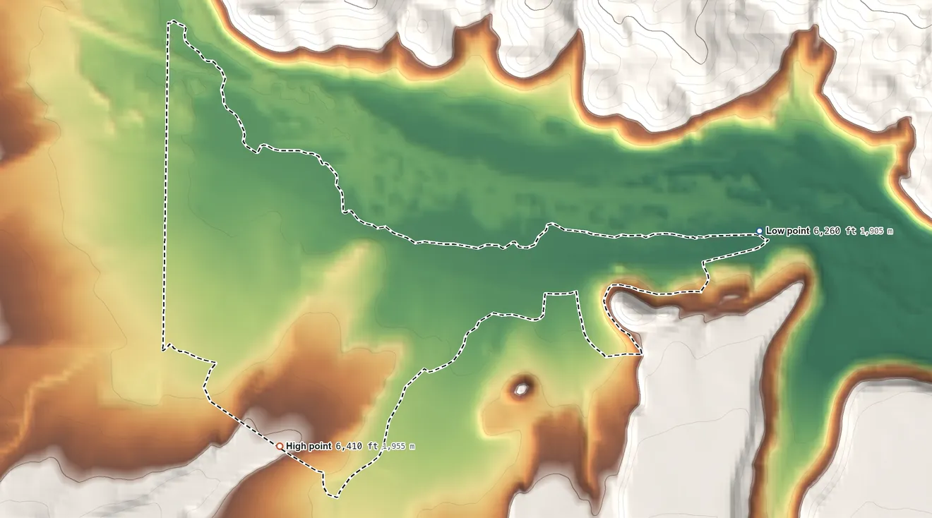 Topographic elevation map of Anzac Village, New Mexico, shaded from 6,260 ft on the east side to 6,410 ft at the foot of the San Mateo Mountains