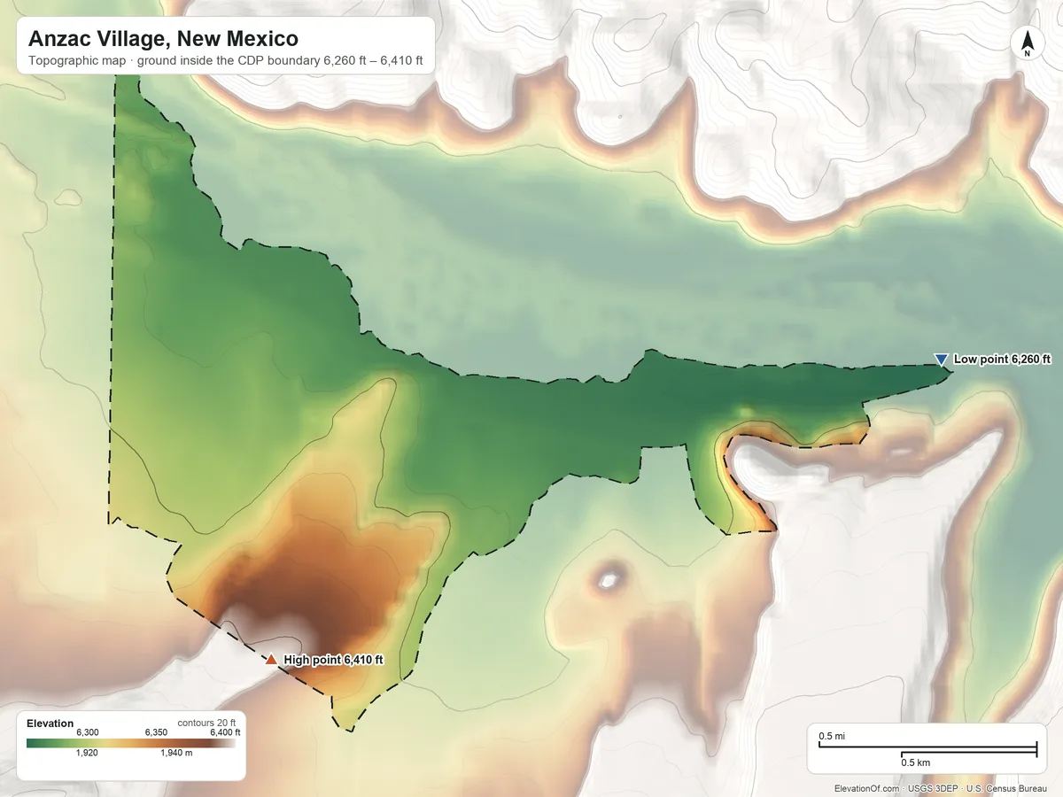 Topographic elevation map of Anzac Village, New Mexico, shaded from 6,260 ft on the east side to 6,410 ft at the foot of the San Mateo Mountains