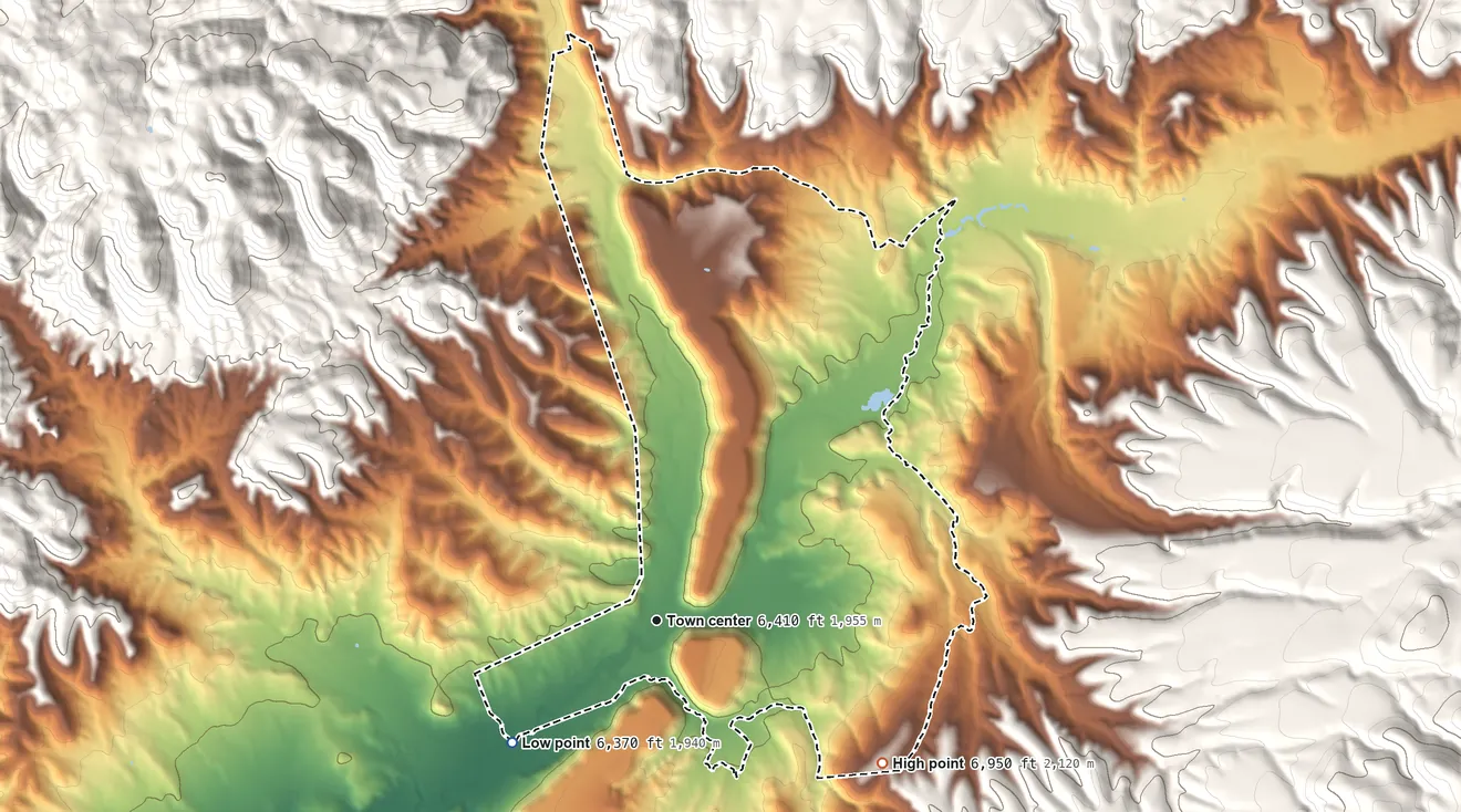 Topographic elevation map of Apache Creek, New Mexico, shaded from 6,370 ft on the southwest side to 6,950 ft on the southeast side