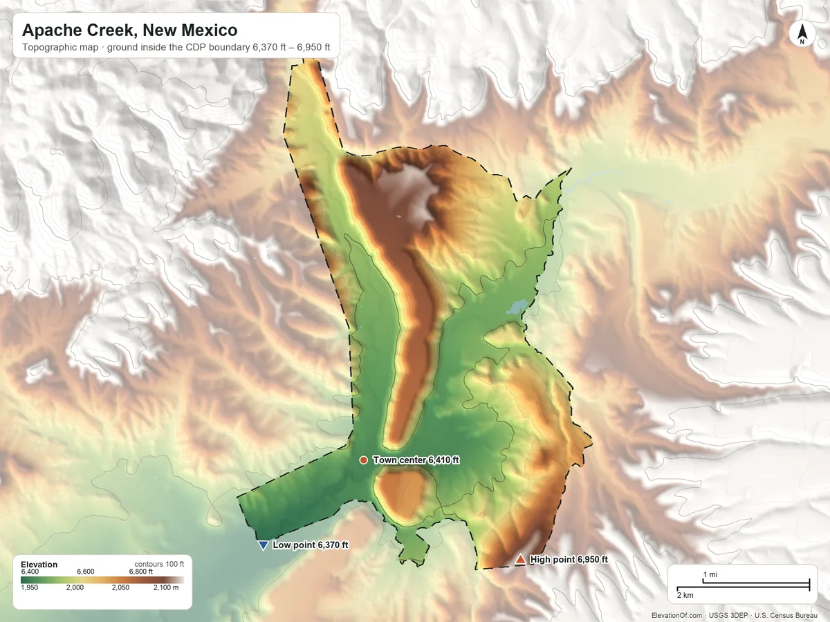 Topographic elevation map of Apache Creek, New Mexico, shaded from 6,370 ft on the southwest side to 6,950 ft on the southeast side