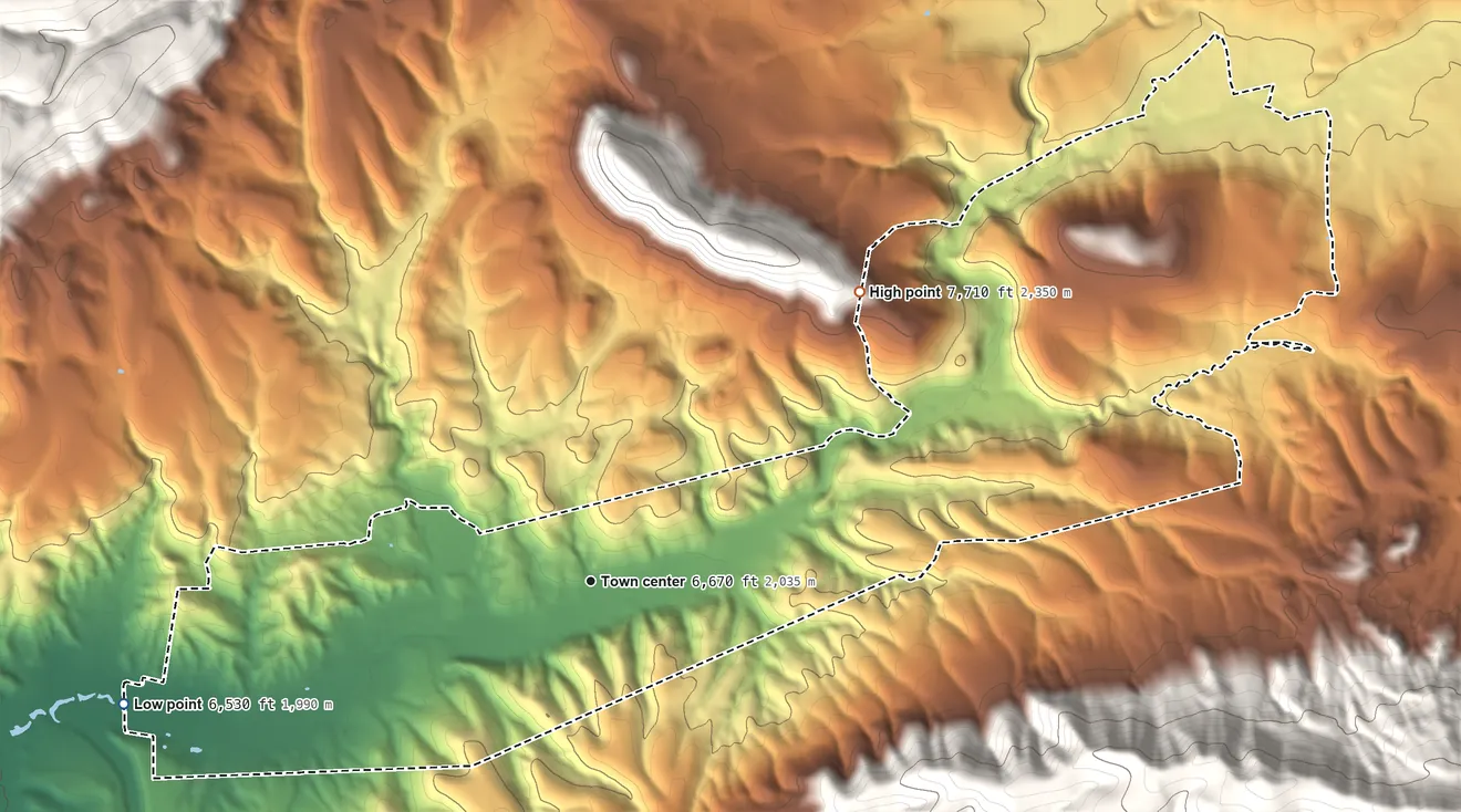 Topographic elevation map of Aragon, New Mexico, shaded from 6,530 ft on the west side to 7,710 ft at the foot of the Tularosa Mountains