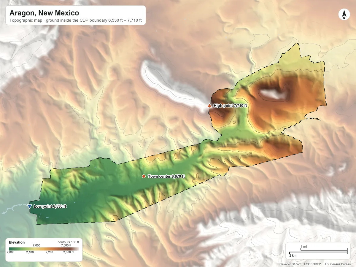 Topographic elevation map of Aragon, New Mexico, shaded from 6,530 ft on the west side to 7,710 ft at the foot of the Tularosa Mountains