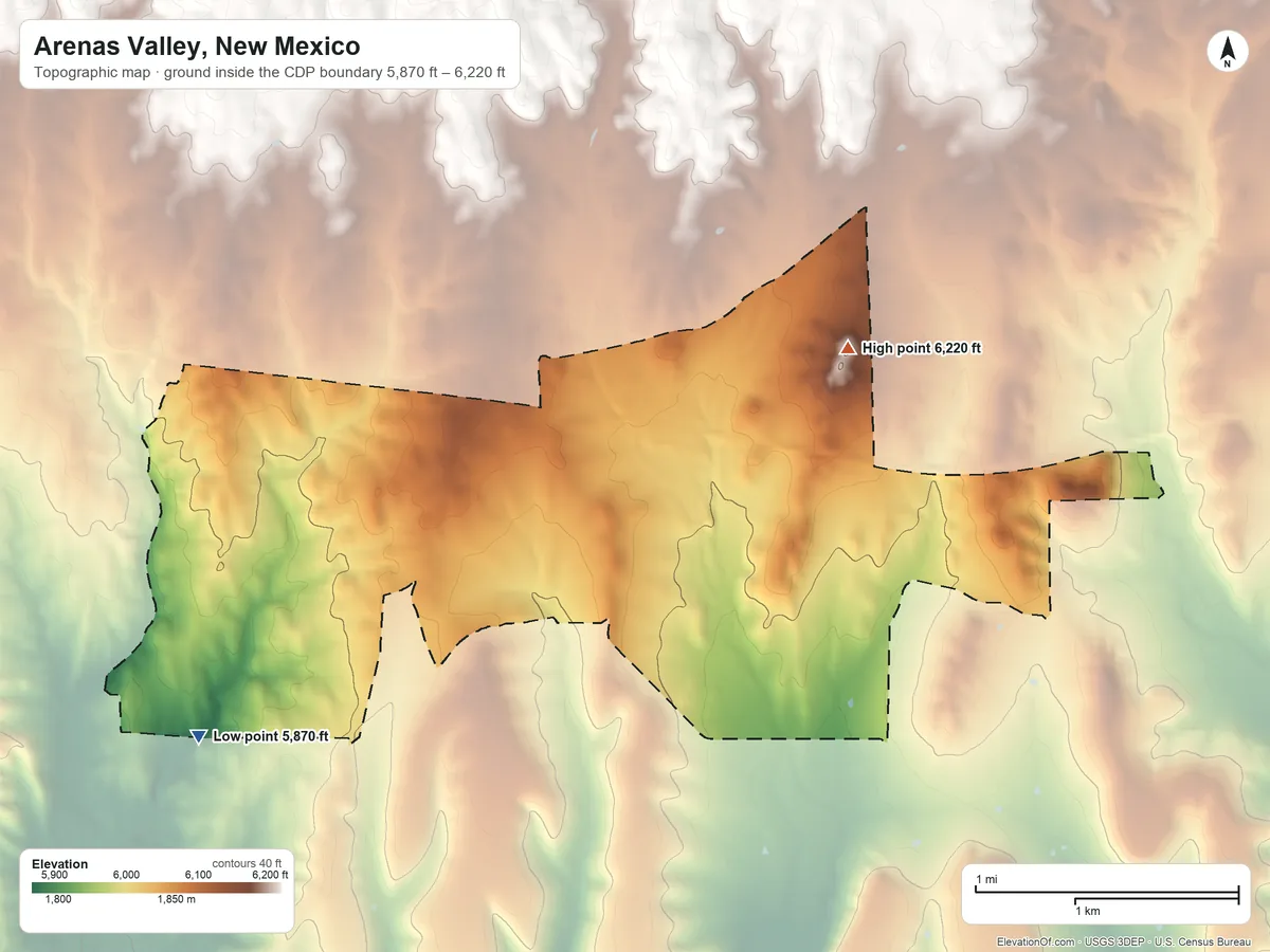 Topographic elevation map of Arenas Valley, New Mexico, shaded from 5,870 ft on the southwest side to 6,220 ft on the northeast side