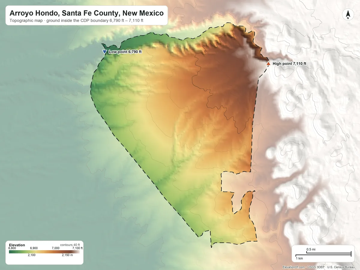 Topographic elevation map of Arroyo Hondo, Santa Fe County, New Mexico, shaded from 6,790 ft on the northwest side to 7,110 ft at the foot of the Cerrillos Hills