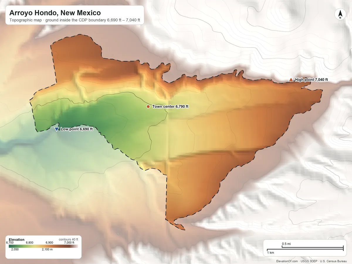 Topographic elevation map of Arroyo Hondo, New Mexico, shaded from 6,690 ft on the west side to 7,040 ft on the east edge, below higher ground just outside