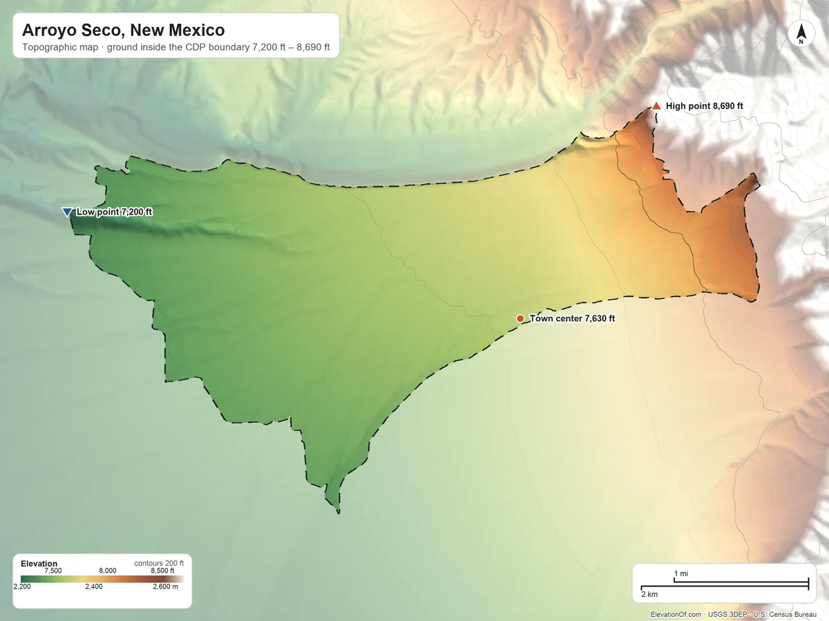 Topographic elevation map of Arroyo Seco, New Mexico, shaded from 7,200 ft on the west side to 8,690 ft on the northeast edge, below higher ground just outside
