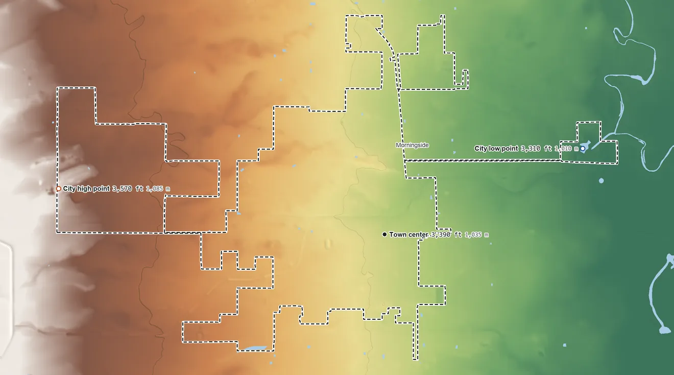 Topographic elevation map of Artesia, New Mexico, shaded from 3,310 ft on the northeast side to 3,570 ft on the west side