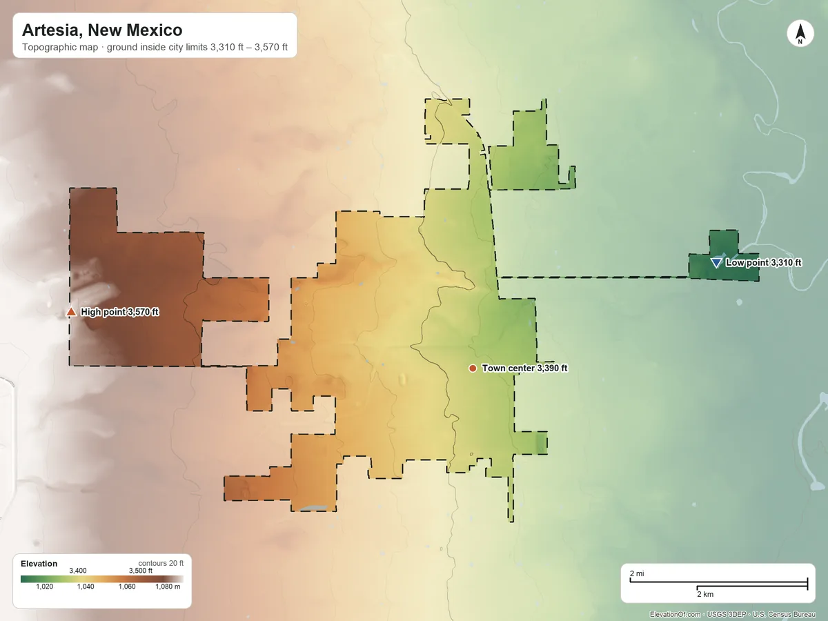 Topographic elevation map of Artesia, New Mexico, shaded from 3,310 ft on the northeast side to 3,570 ft on the west side