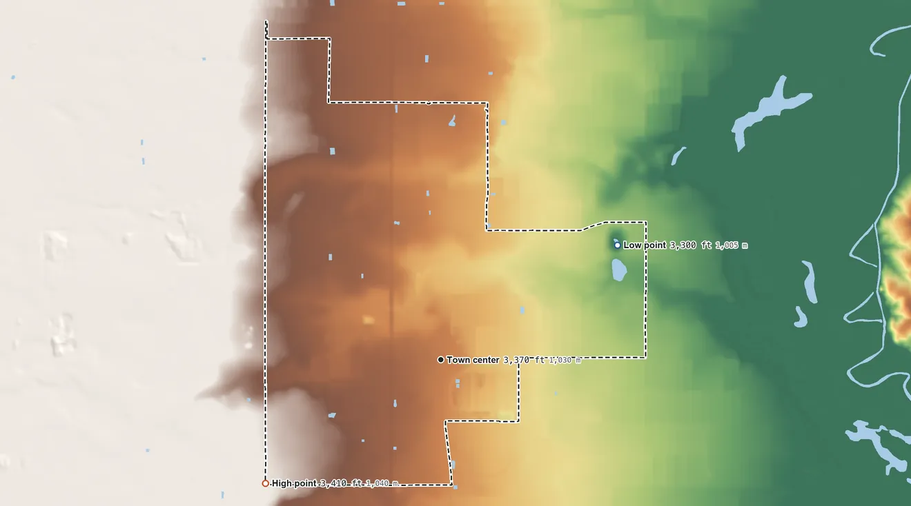 Topographic elevation map of Atoka, New Mexico, shaded from 3,300 ft on the northeast side to 3,410 ft on the southwest side