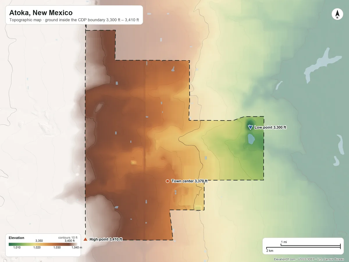 Topographic elevation map of Atoka, New Mexico, shaded from 3,300 ft on the northeast side to 3,410 ft on the southwest side