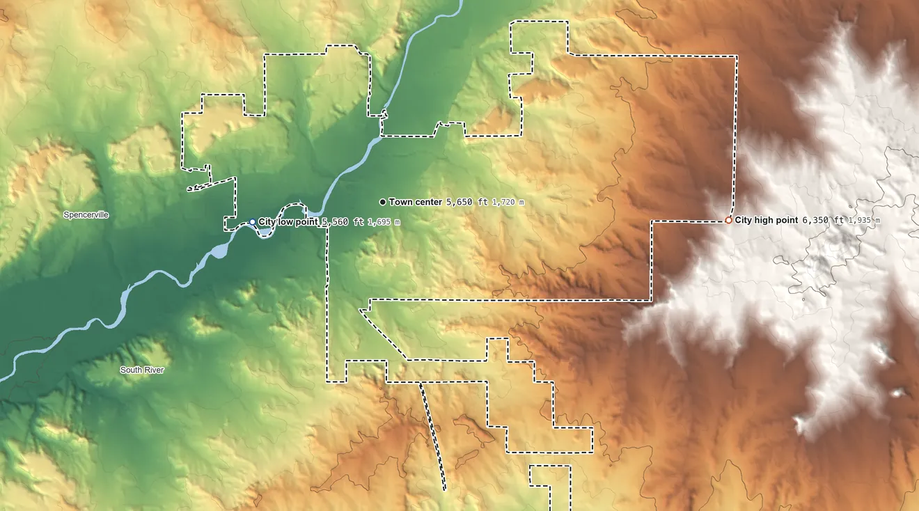 Topographic elevation map of Aztec, New Mexico, shaded from 5,560 ft on the west side to 6,350 ft on the east edge, below higher ground just outside