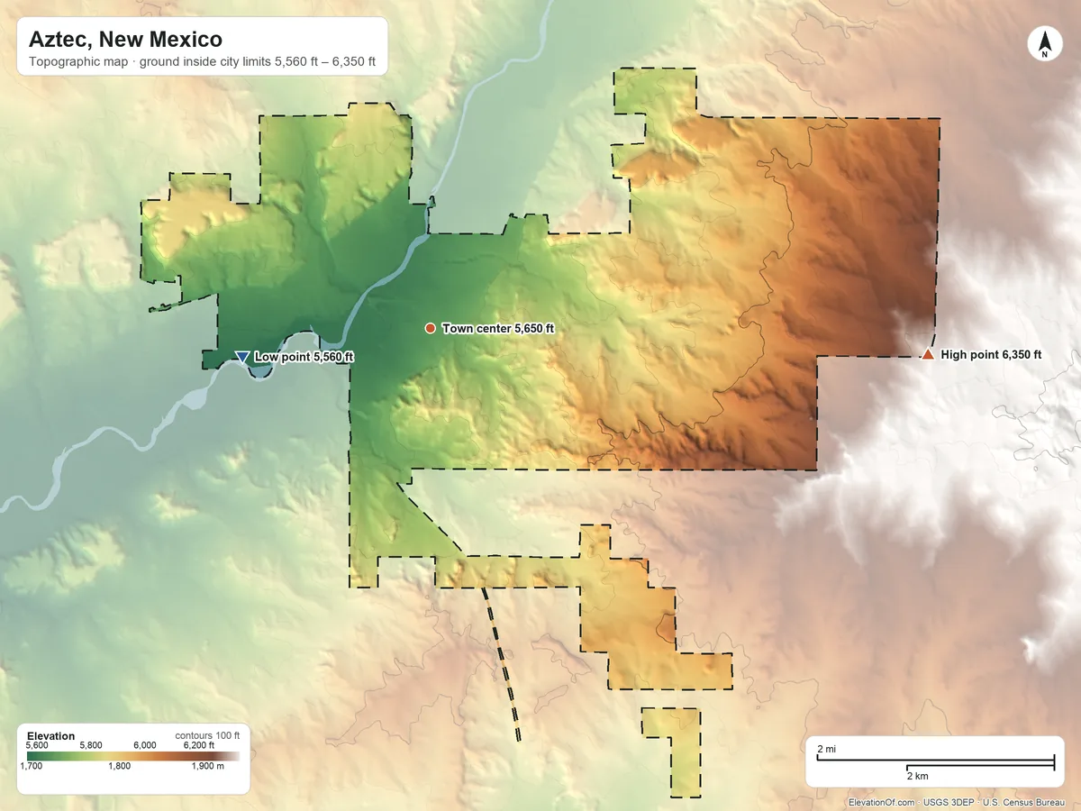 Topographic elevation map of Aztec, New Mexico, shaded from 5,560 ft on the west side to 6,350 ft on the east edge, below higher ground just outside