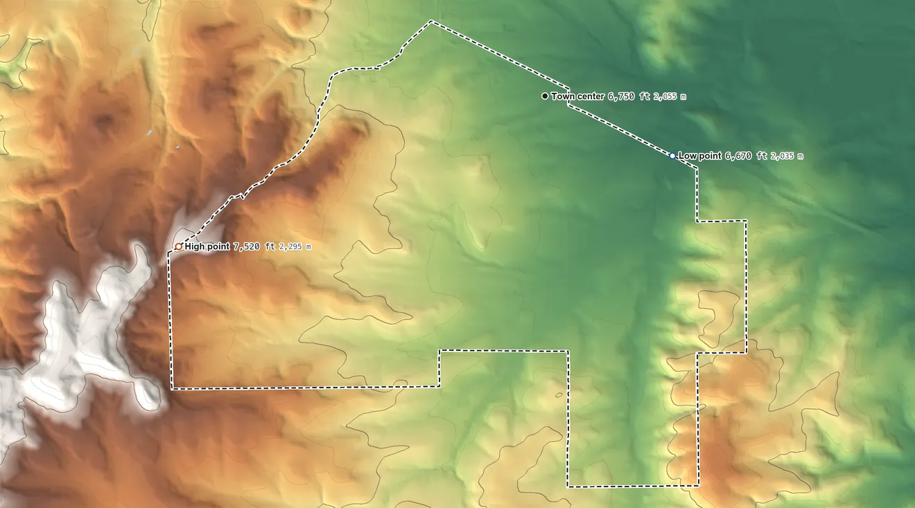 Topographic elevation map of Barton, New Mexico, shaded from 6,670 ft on the southeast side to 7,520 ft on the west side