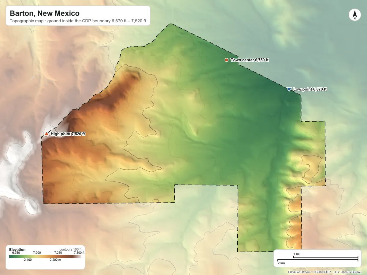 Topographic elevation map of Barton, New Mexico, shaded from 6,670 ft on the southeast side to 7,520 ft on the west side