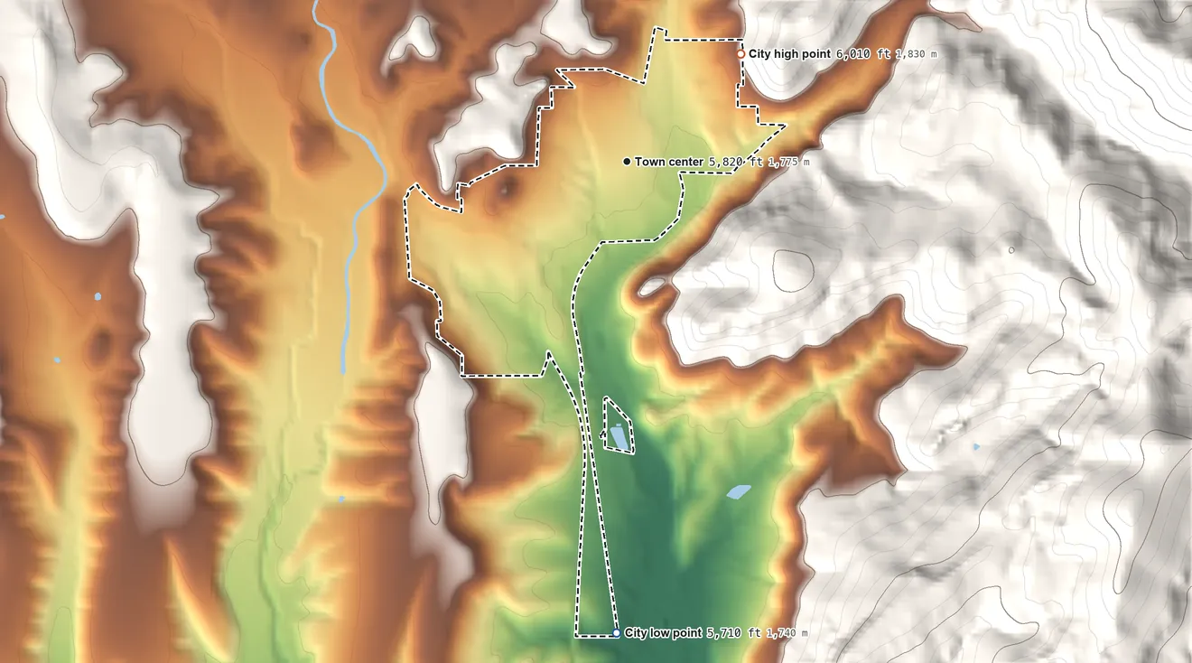 Topographic elevation map of Bayard, New Mexico, shaded from 5,710 ft on the south side to 6,010 ft at the foot of the Silver City Range