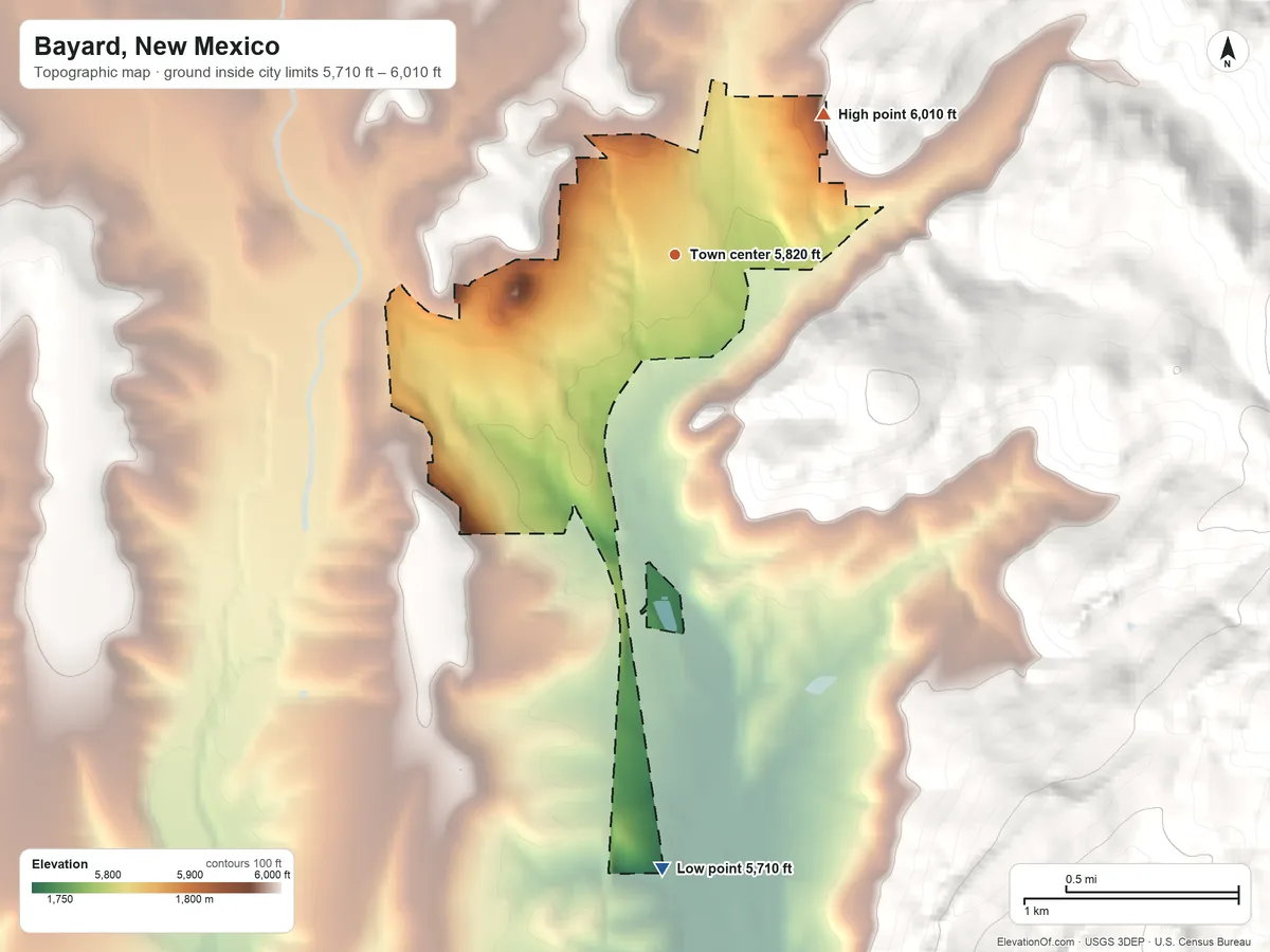 Topographic elevation map of Bayard, New Mexico, shaded from 5,710 ft on the south side to 6,010 ft at the foot of the Silver City Range