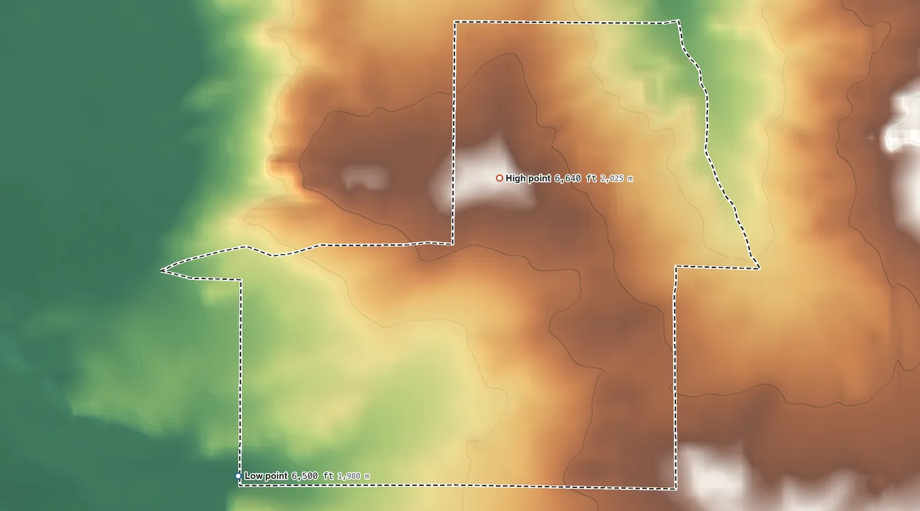 Topographic elevation map of Becenti, New Mexico, shaded from 6,500 ft on the southwest side to 6,640 ft near the middle