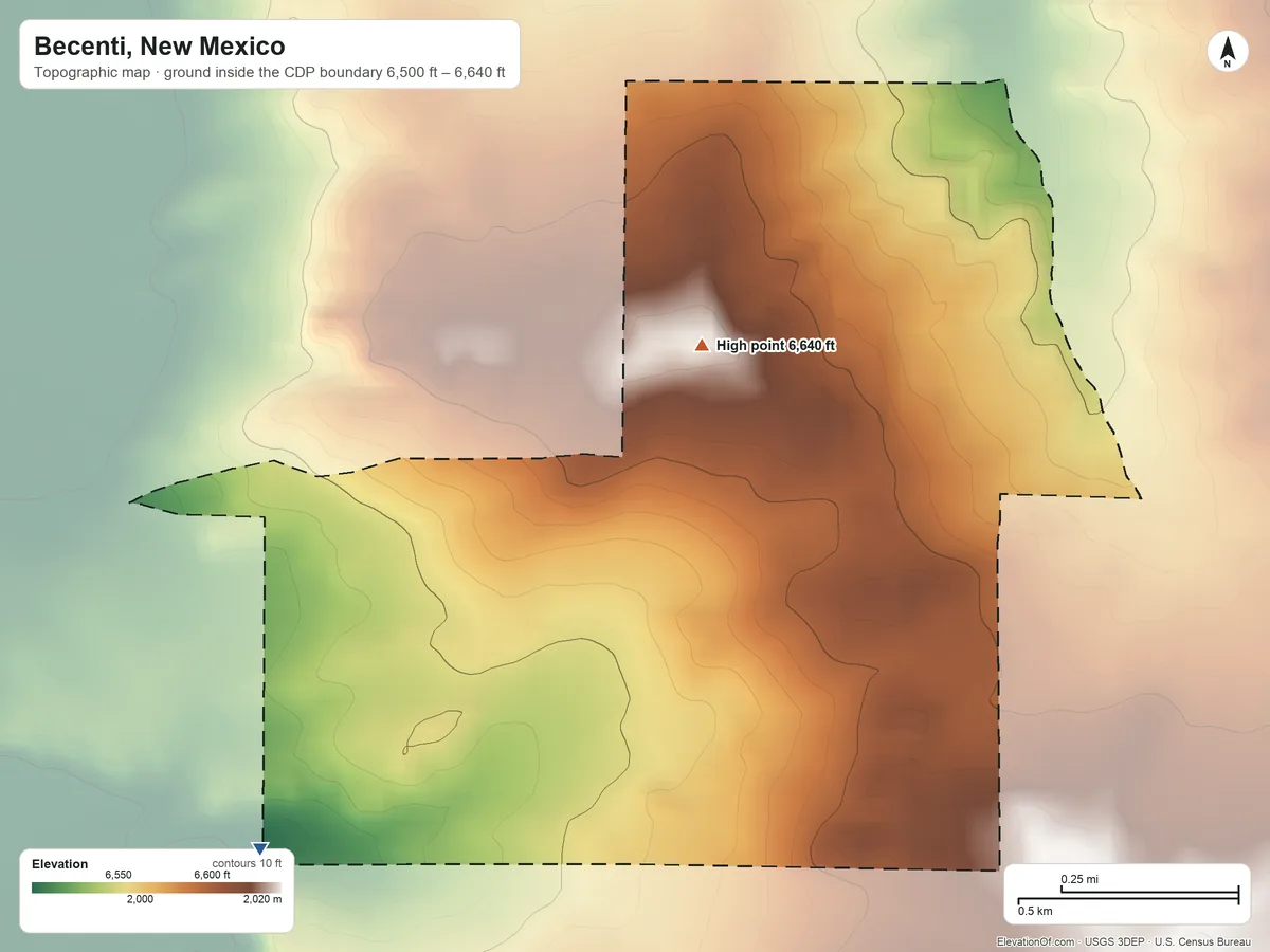 Topographic elevation map of Becenti, New Mexico, shaded from 6,500 ft on the southwest side to 6,640 ft near the middle