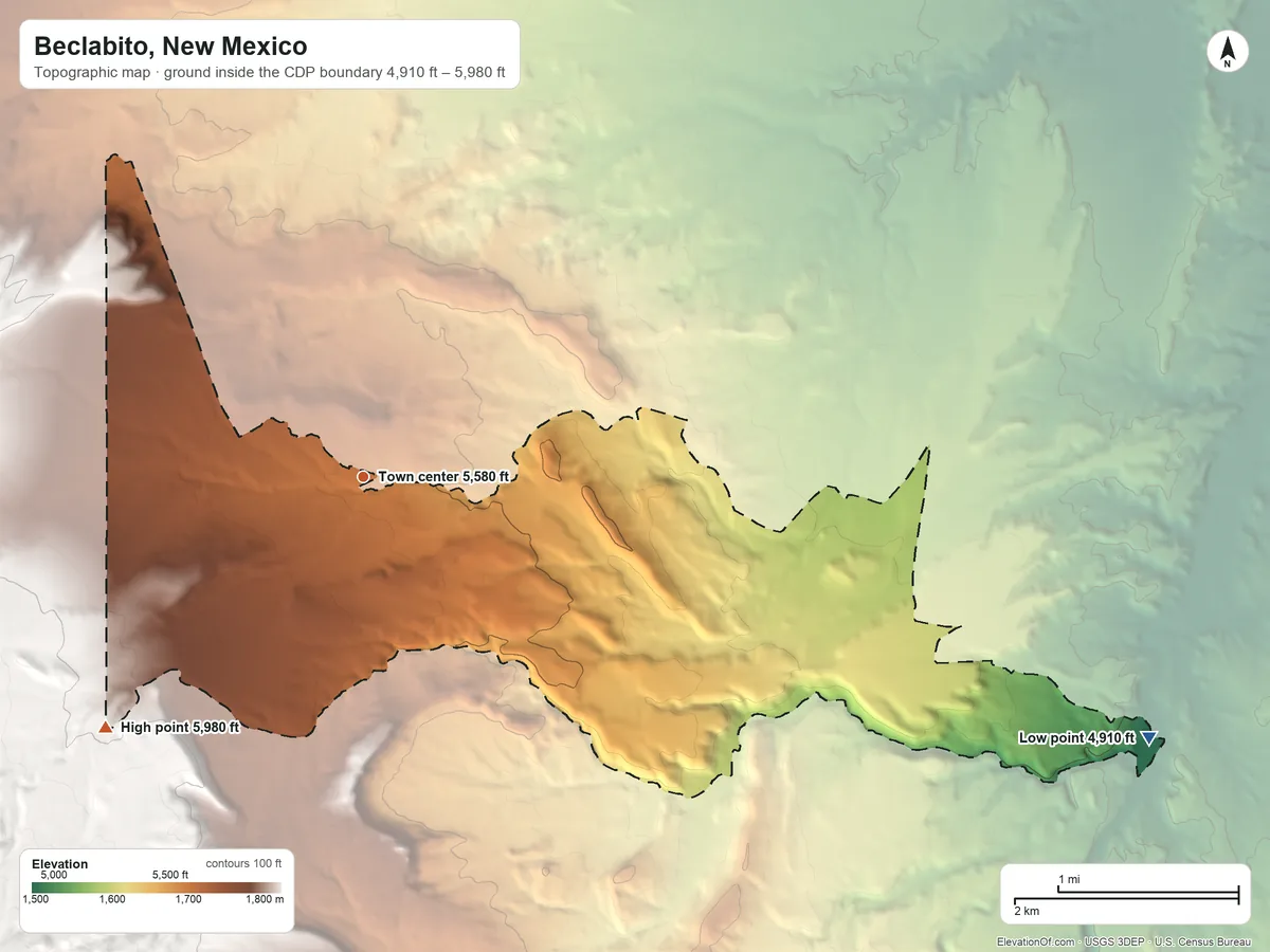 Topographic elevation map of Beclabito, New Mexico, shaded from 4,910 ft on the east side to 5,980 ft on the southwest edge, below higher ground just outside