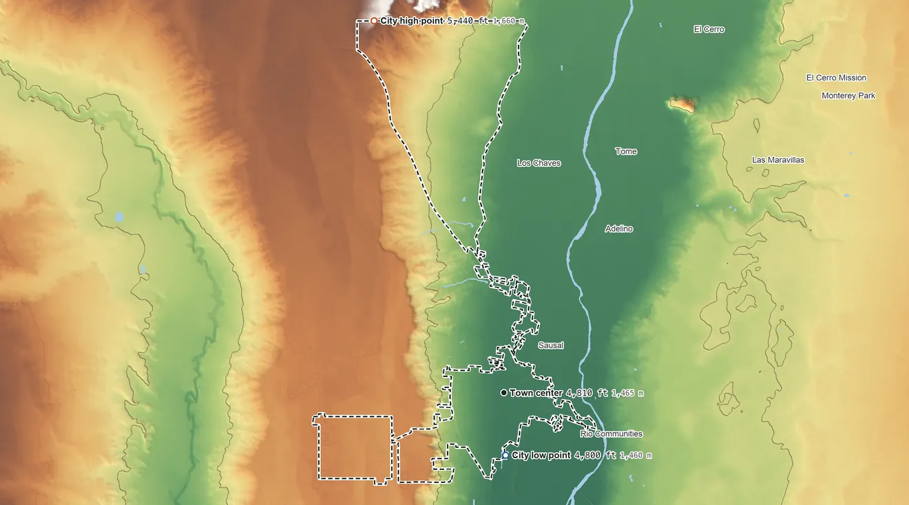 Topographic elevation map of Belen, New Mexico, shaded from 4,800 ft on the south side to 5,440 ft on the north edge, below higher ground just outside