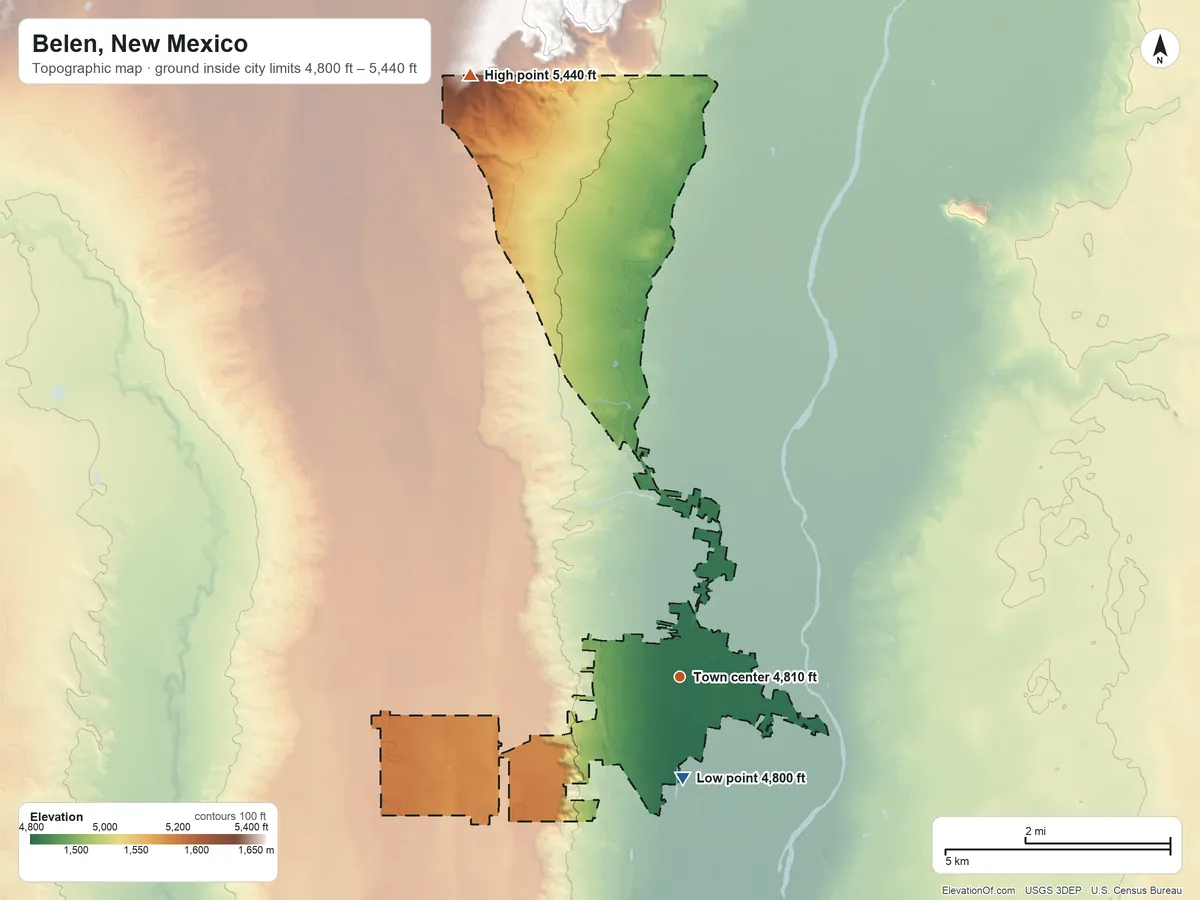 Topographic elevation map of Belen, New Mexico, shaded from 4,800 ft on the south side to 5,440 ft on the north edge, below higher ground just outside