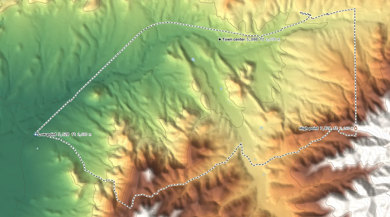 Topographic elevation map of Bent, New Mexico, shaded from 5,520 ft on the southwest side to 7,020 ft at the foot of the Sacramento Mountains