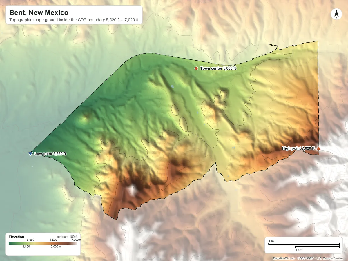 Topographic elevation map of Bent, New Mexico, shaded from 5,520 ft on the southwest side to 7,020 ft at the foot of the Sacramento Mountains