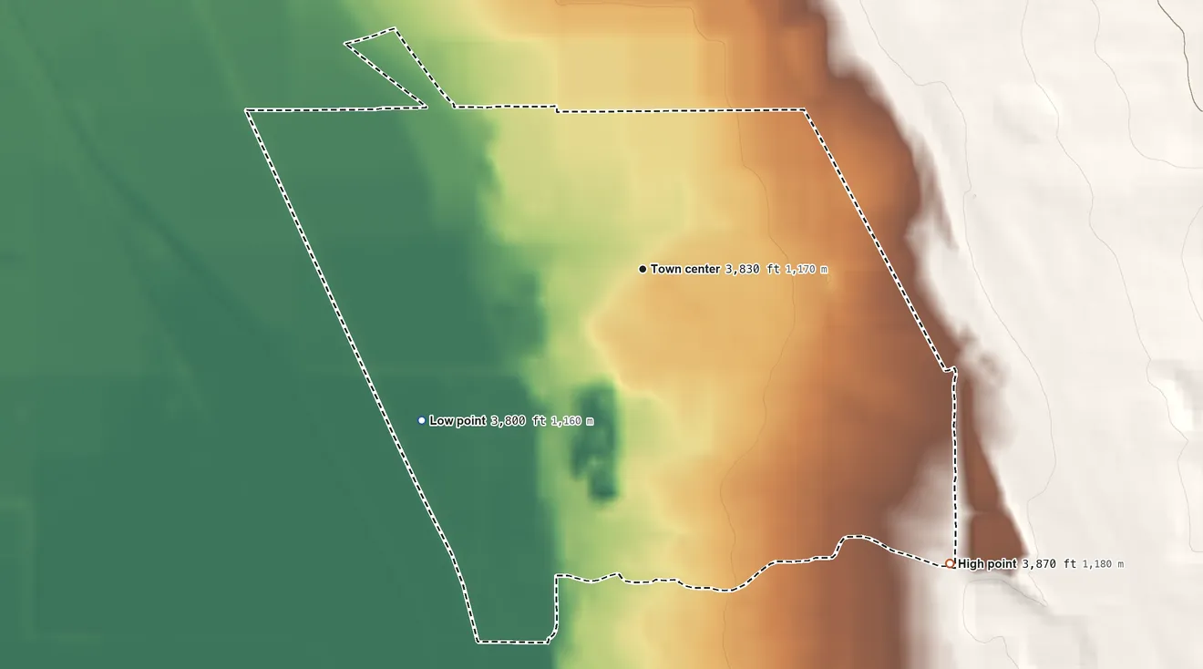 Topographic elevation map of Berino, New Mexico, shaded from 3,800 ft on the southwest side to 3,870 ft on the southeast side