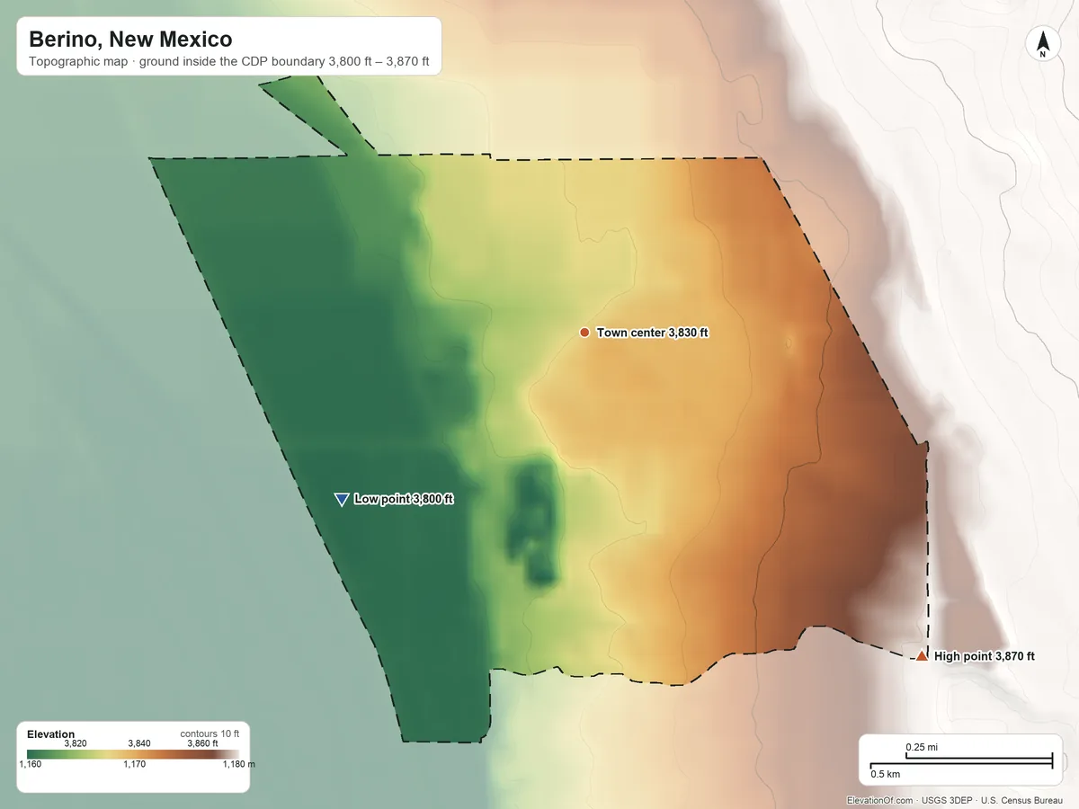 Topographic elevation map of Berino, New Mexico, shaded from 3,800 ft on the southwest side to 3,870 ft on the southeast side