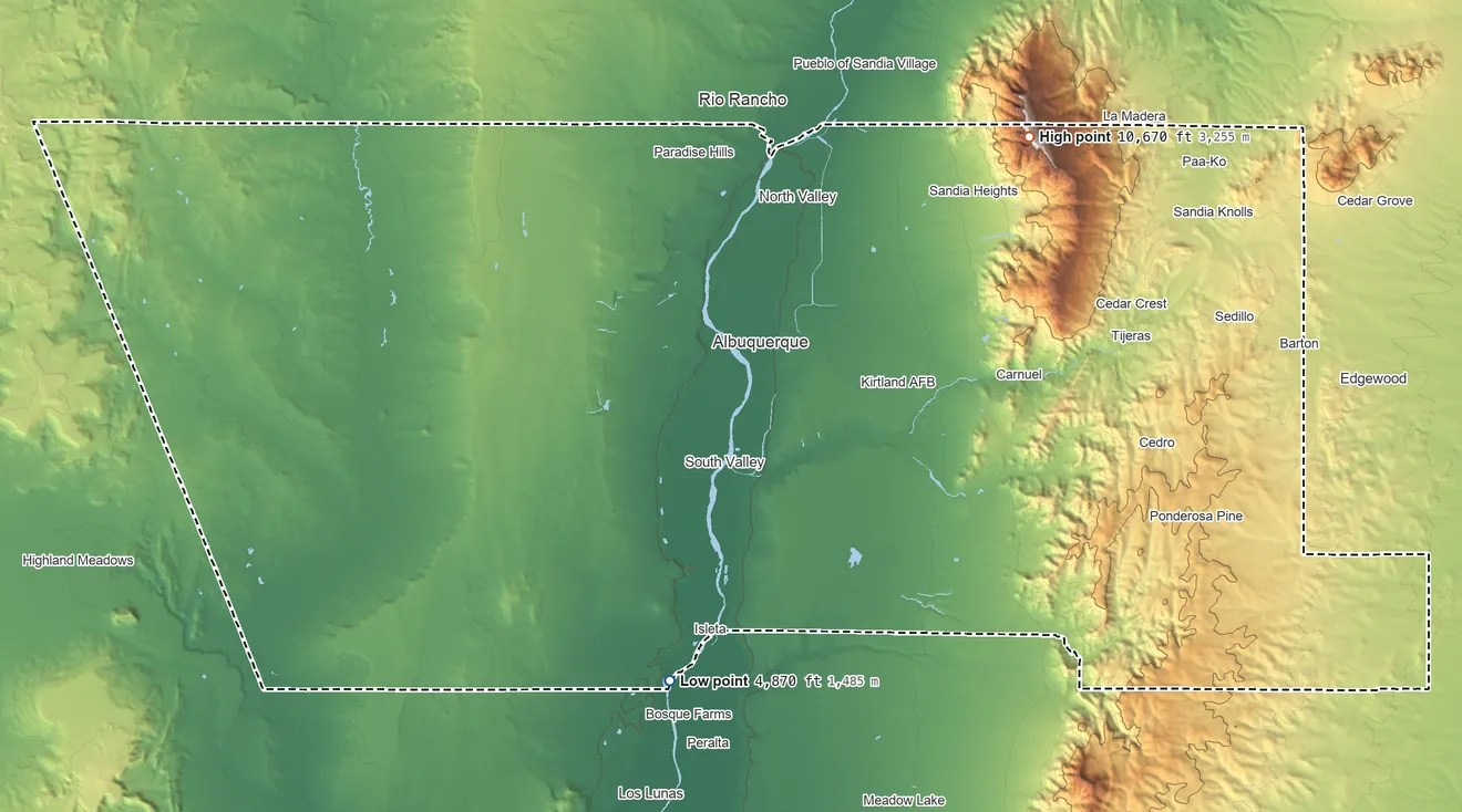 Topographic elevation map of Bernalillo County, New Mexico, shaded from 4,870 ft on the south side to 10,670 ft on Sandia Crest