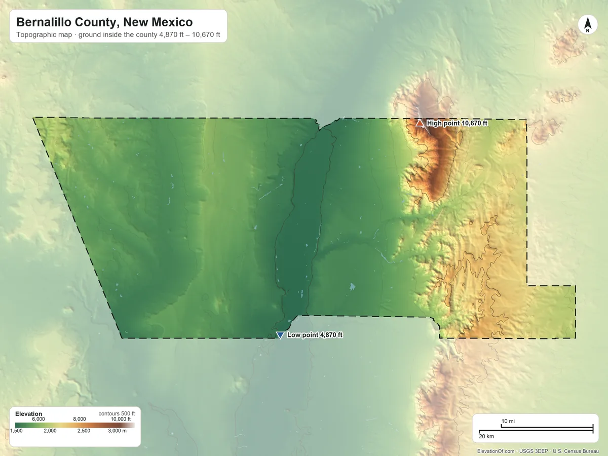 Topographic elevation map of Bernalillo County, New Mexico, shaded from 4,870 ft on the south side to 10,670 ft on Sandia Crest
