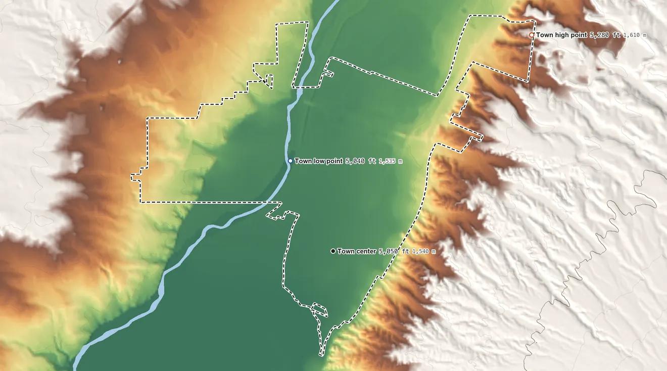 Topographic elevation map of Bernalillo, New Mexico, shaded from 5,040 ft on the northwest side to 5,280 ft on the northeast side