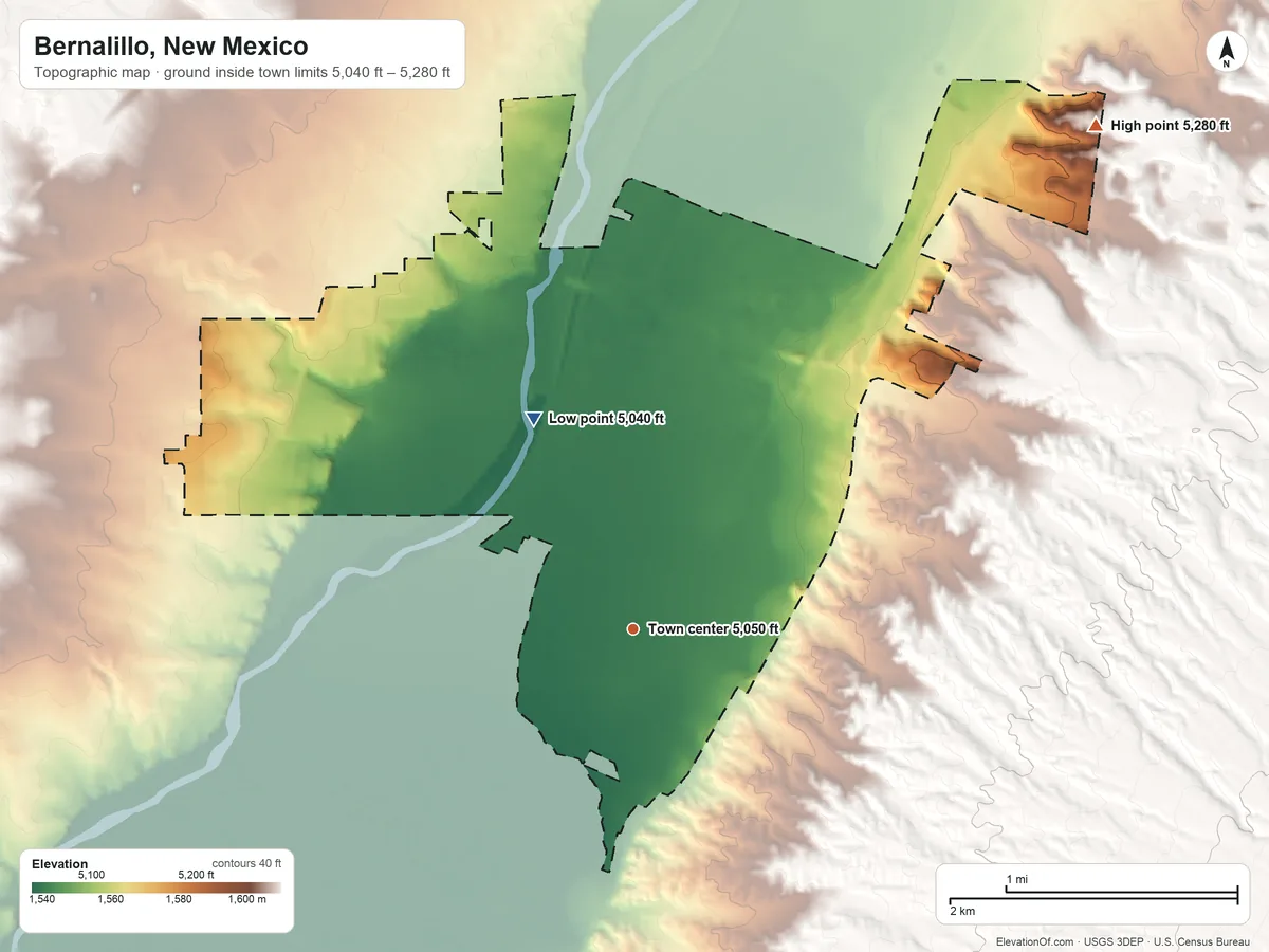 Topographic elevation map of Bernalillo, New Mexico, shaded from 5,040 ft on the northwest side to 5,280 ft on the northeast side