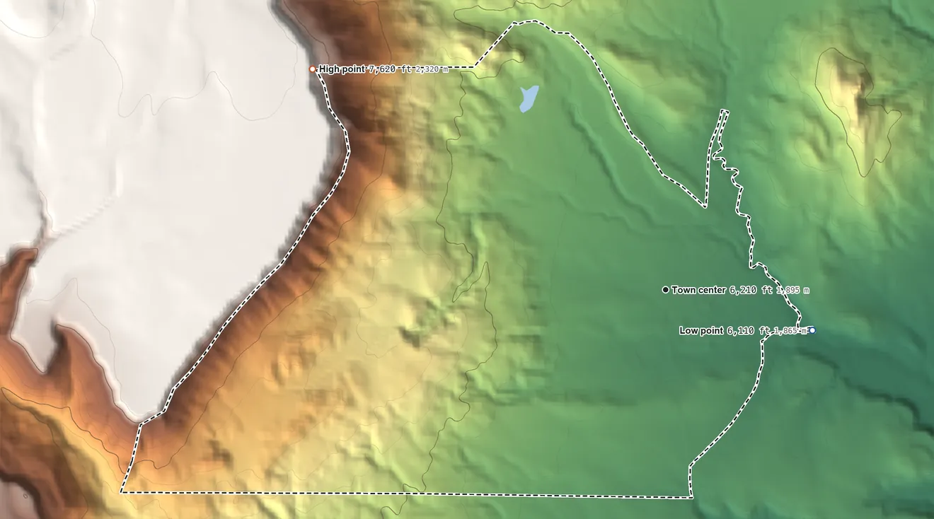 Topographic elevation map of Bibo, New Mexico, shaded from 6,110 ft on the east side to 7,620 ft on the northwest side