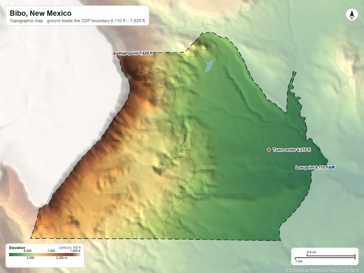 Topographic elevation map of Bibo, New Mexico, shaded from 6,110 ft on the east side to 7,620 ft on the northwest side