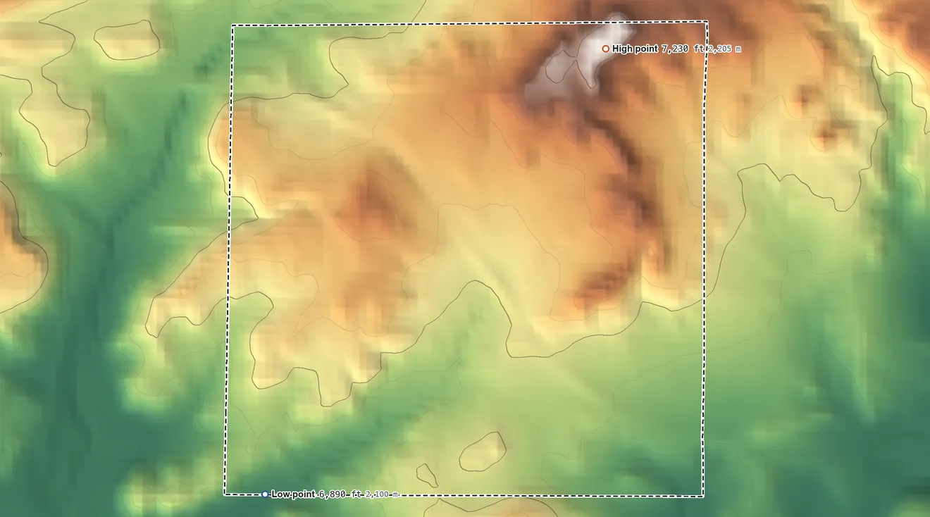 Topographic elevation map of Black Hat, New Mexico, shaded from 6,890 ft on the southwest side to 7,230 ft on the northeast side