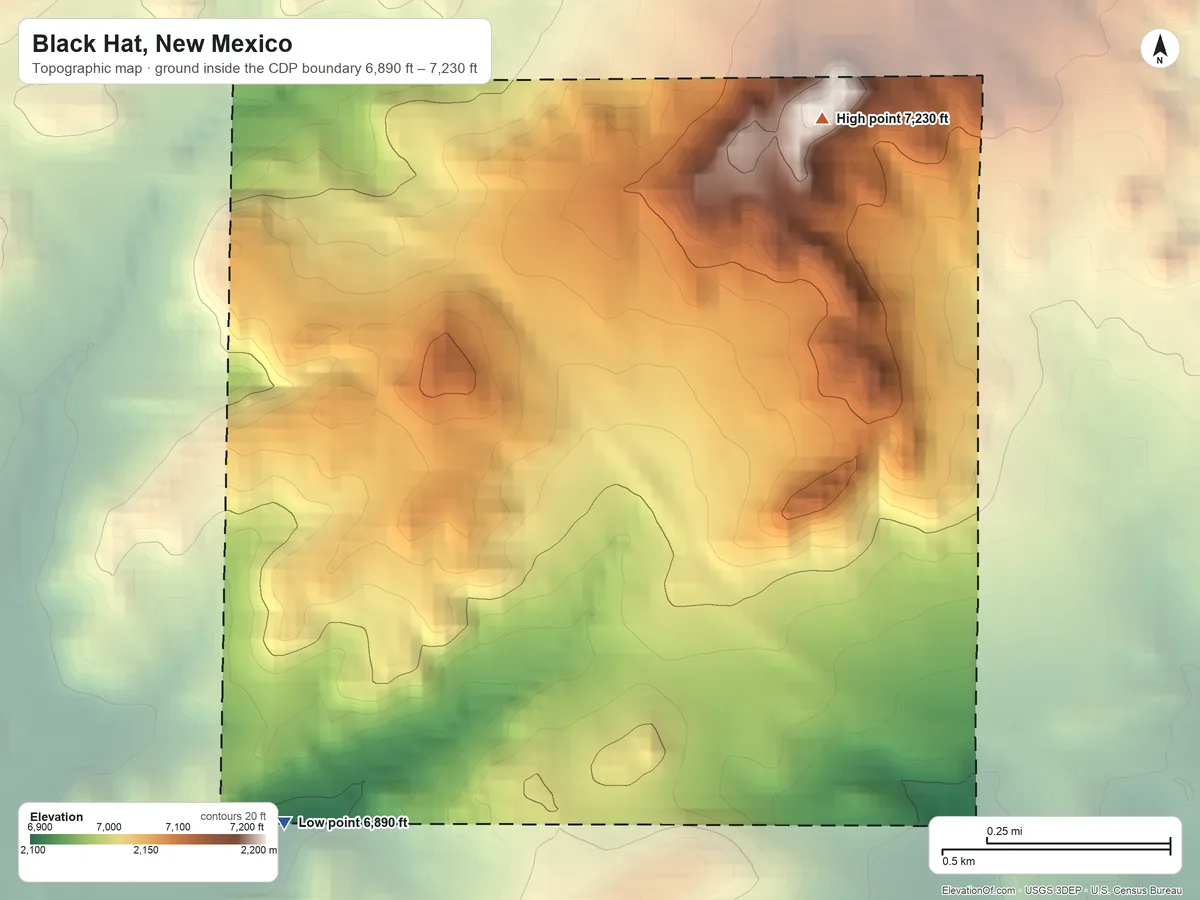 Topographic elevation map of Black Hat, New Mexico, shaded from 6,890 ft on the southwest side to 7,230 ft on the northeast side