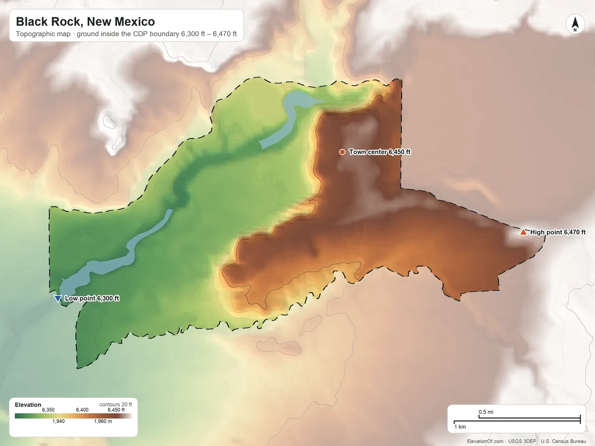 Topographic elevation map of Black Rock, New Mexico, shaded from 6,300 ft on the southwest side to 6,470 ft on the southeast edge, below higher ground just outside