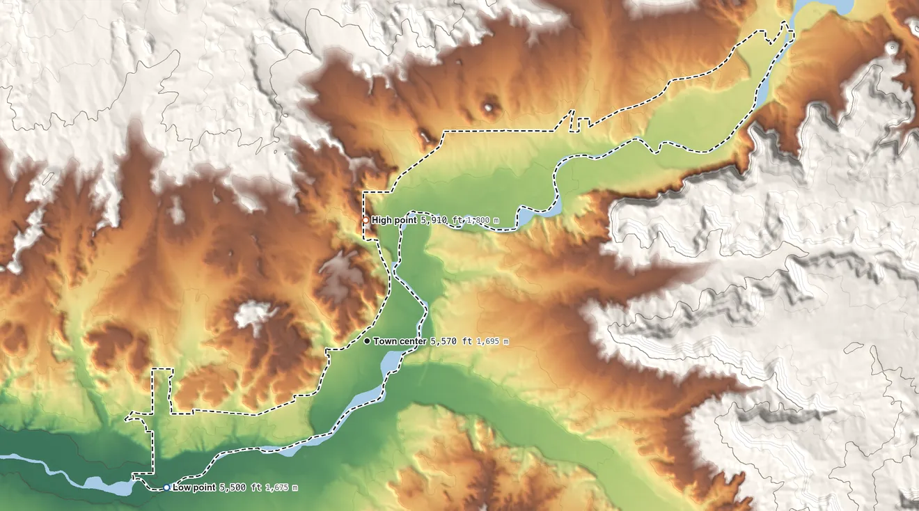 Topographic elevation map of Blanco, New Mexico, shaded from 5,500 ft on the southwest side to 5,910 ft on the north side