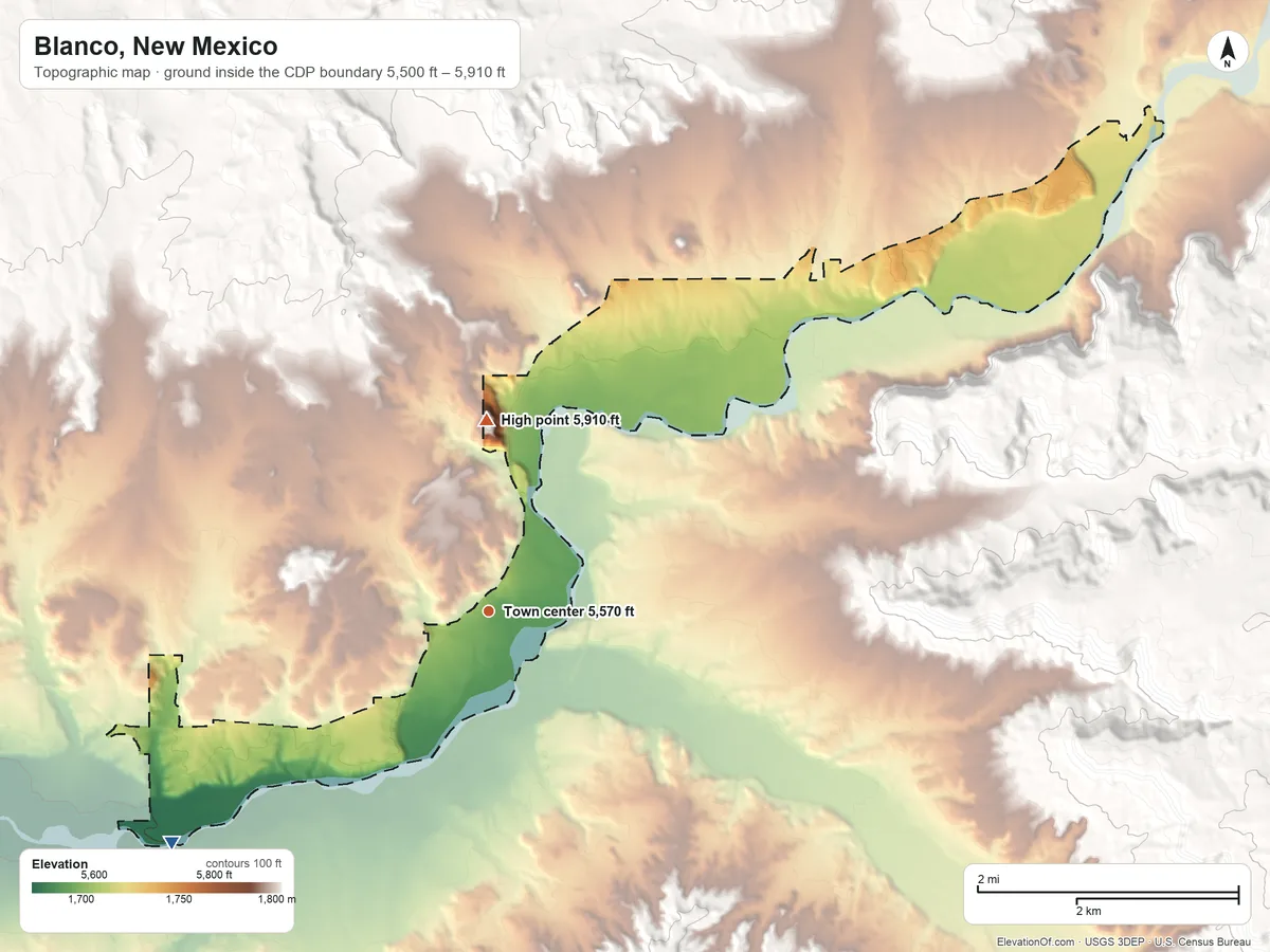 Topographic elevation map of Blanco, New Mexico, shaded from 5,500 ft on the southwest side to 5,910 ft on the north side