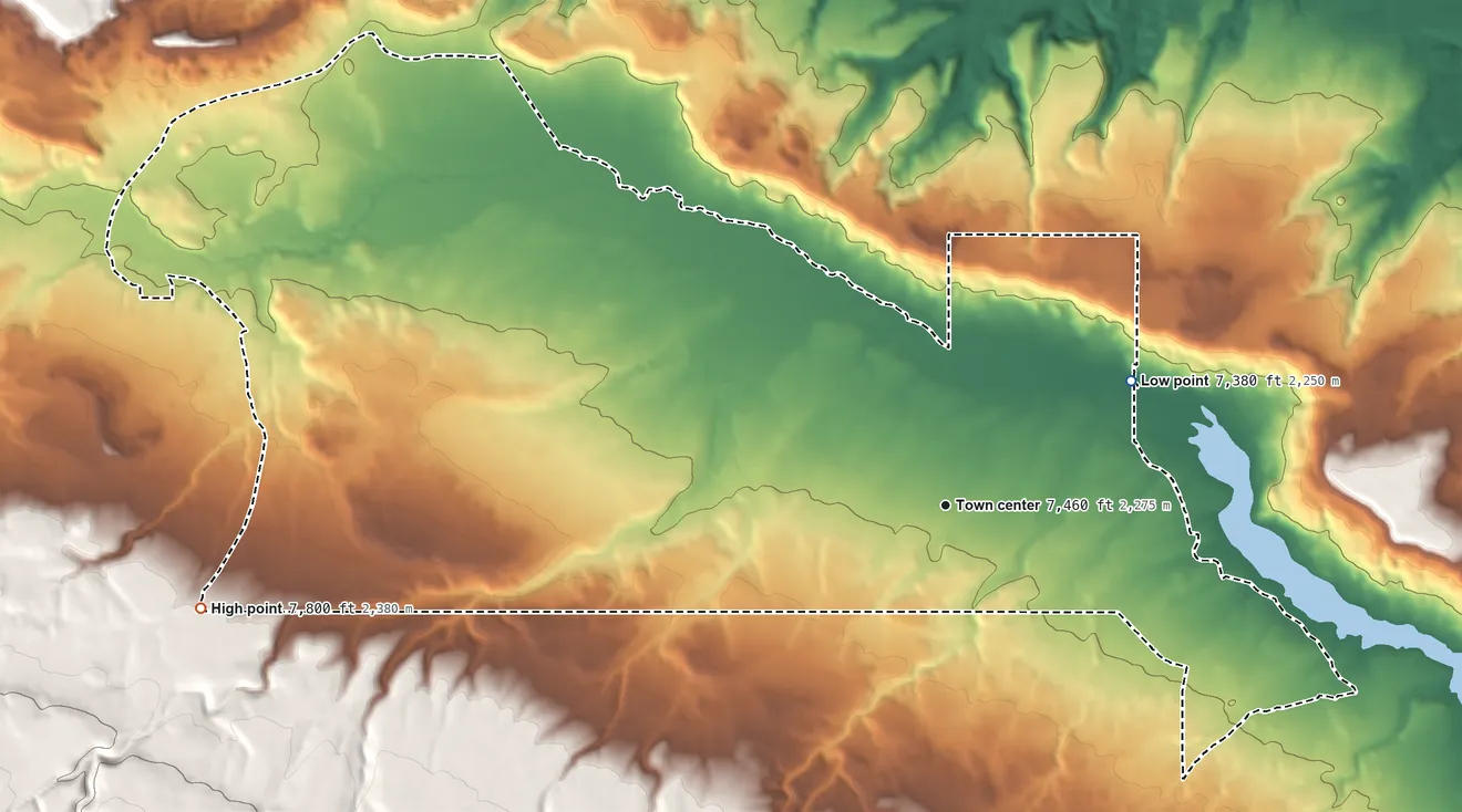 Topographic elevation map of Bluewater, New Mexico, shaded from 7,380 ft on the northeast side to 7,800 ft at the foot of the Zuñi Mountains