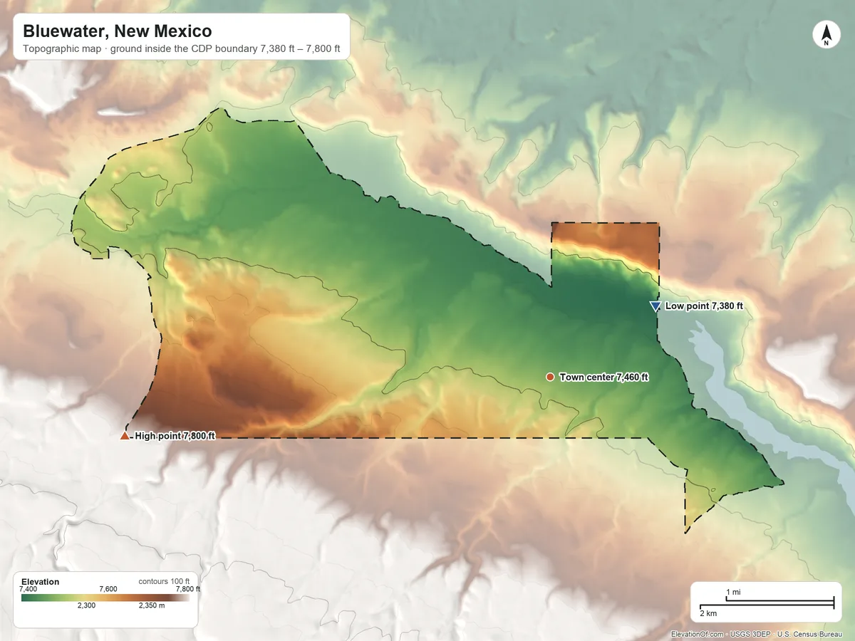 Topographic elevation map of Bluewater, New Mexico, shaded from 7,380 ft on the northeast side to 7,800 ft at the foot of the Zuñi Mountains
