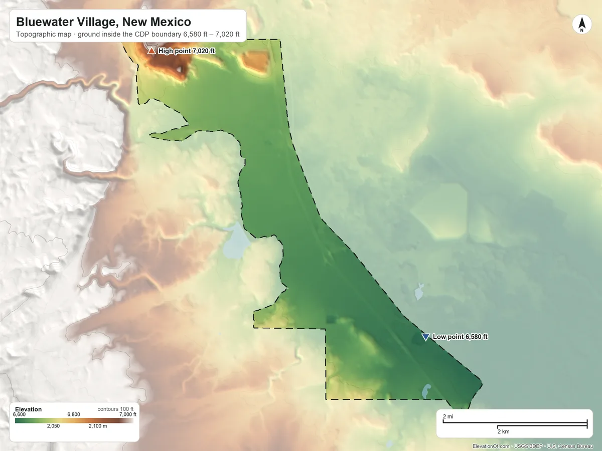 Topographic elevation map of Bluewater Village, New Mexico, shaded from 6,580 ft on the southeast side to 7,020 ft on the northwest side