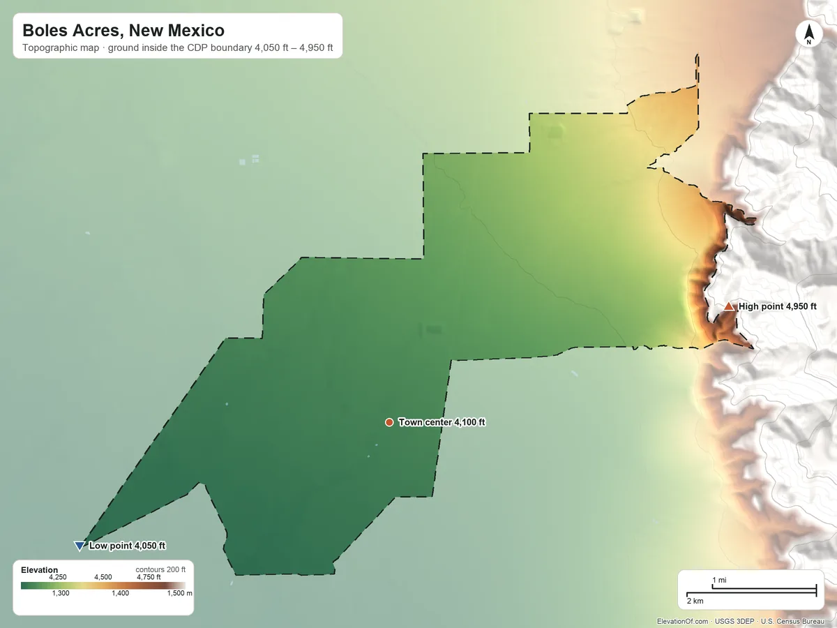 Topographic elevation map of Boles Acres, New Mexico, shaded from 4,050 ft on the west side to 4,950 ft on the east edge, below higher ground just outside