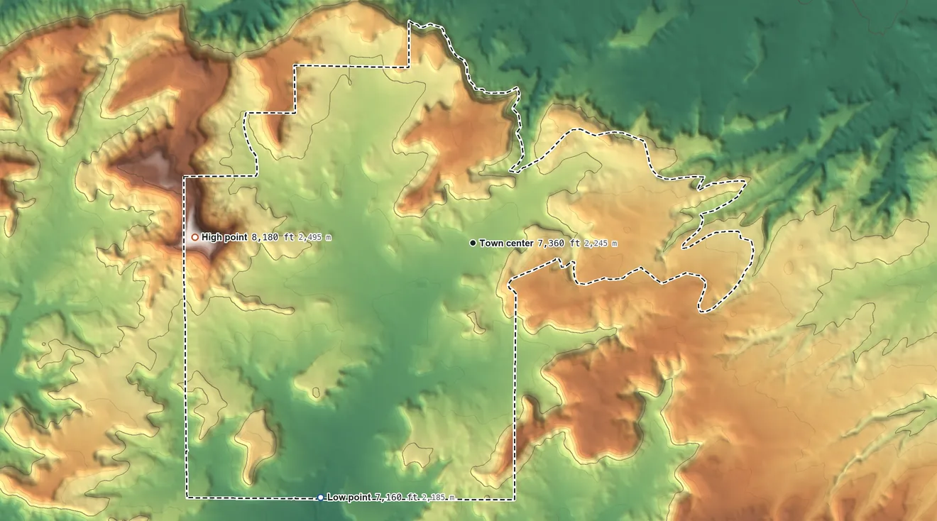 Topographic elevation map of Borrego Pass, New Mexico, shaded from 7,160 ft on the southwest side to 8,180 ft on Big Point