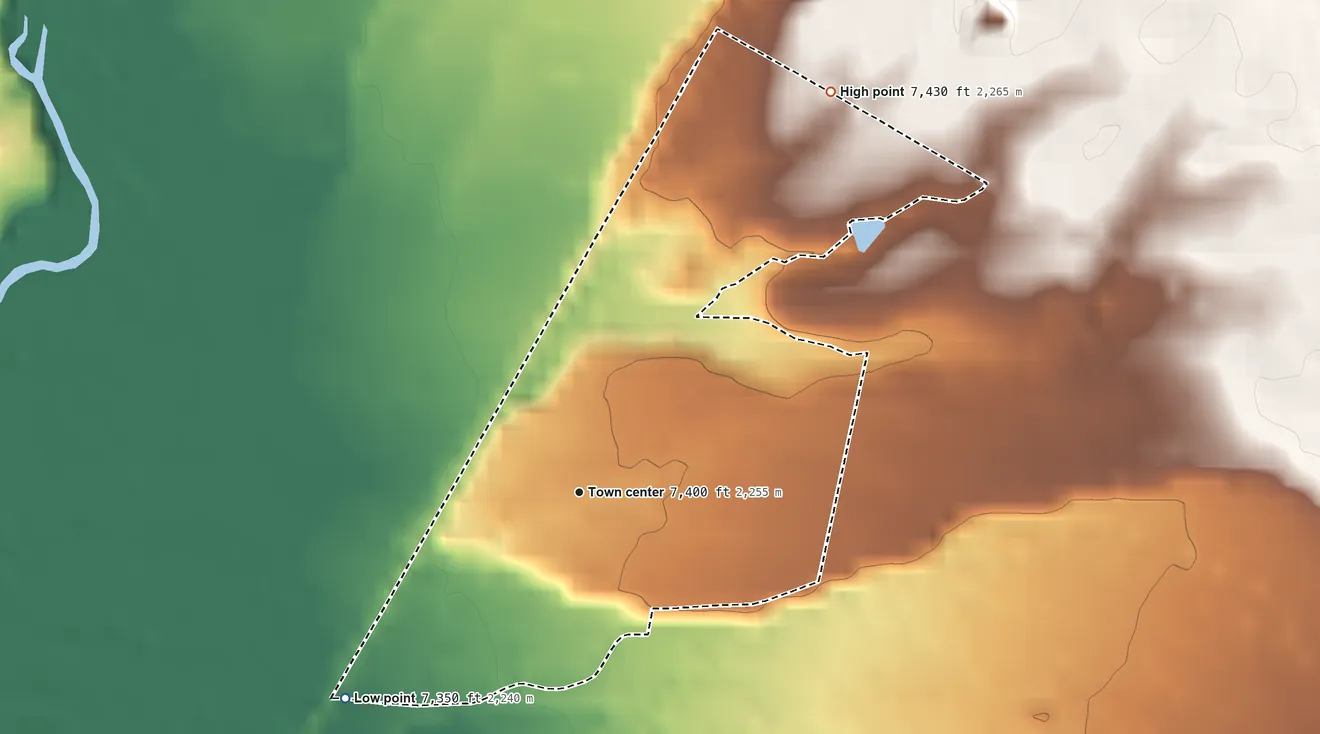 Topographic elevation map of Brazos, New Mexico, shaded from 7,350 ft on the southwest side to 7,430 ft on the northeast edge, below higher ground just outside