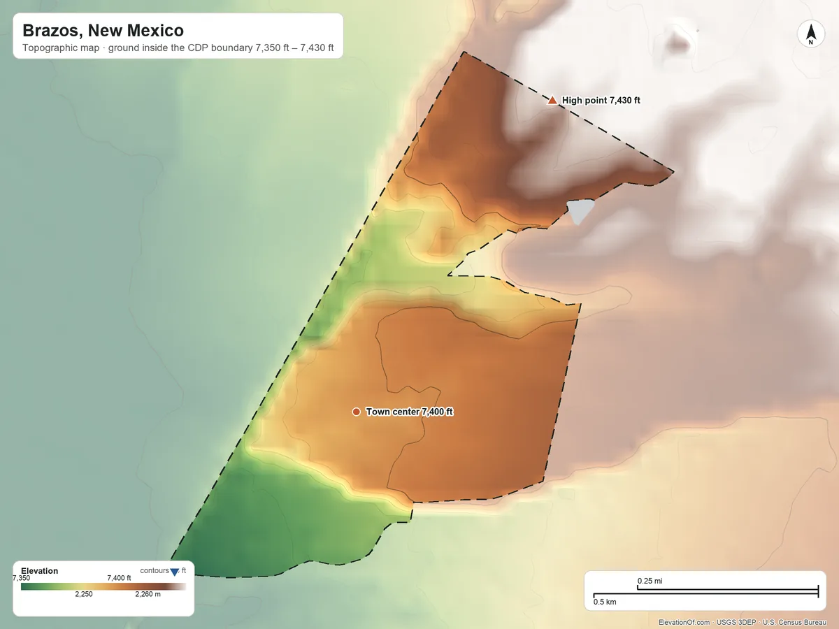 Topographic elevation map of Brazos, New Mexico, shaded from 7,350 ft on the southwest side to 7,430 ft on the northeast edge, below higher ground just outside