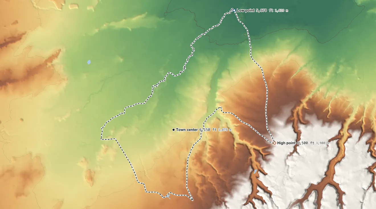 Topographic elevation map of Brimhall Nizhoni, New Mexico, shaded from 5,970 ft on the northeast side to 6,500 ft on the east side